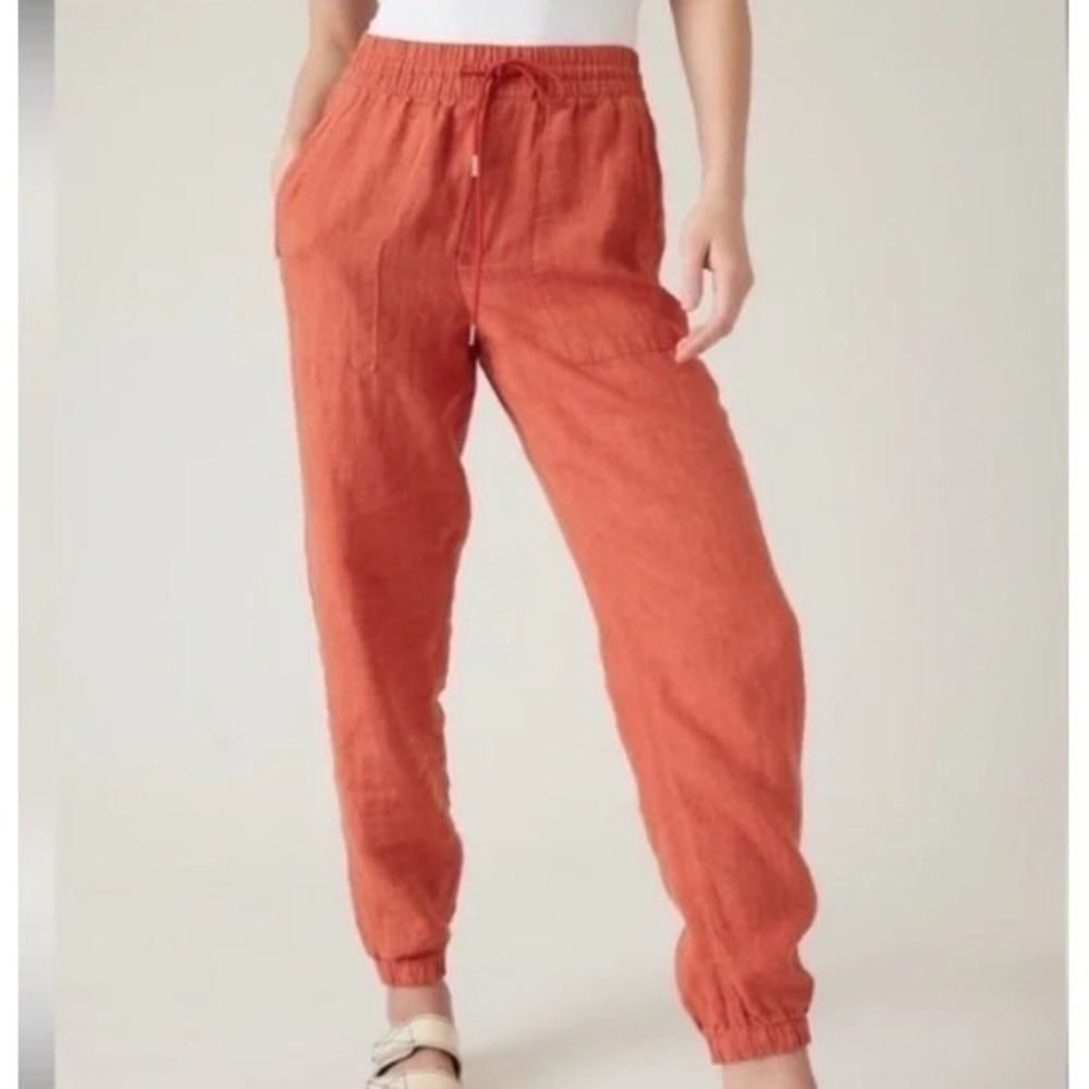 Athleta Women's Linen Joggers Elastic Waist Orange Zip Pockets Comfort 12 Petite